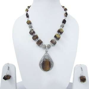 New Necklace Earring Set Tiger Eye Stone Silver Plated Metal Stylish 