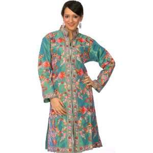 Teal Long Silk Jacket with Phulkari Embroidery All Over   Pure Matka 