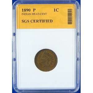  1890 P Indian Head Cent Certified Authentic by SGS 