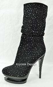 Pleaser Fascinate 1016 black suede platform stiletto heels boots 