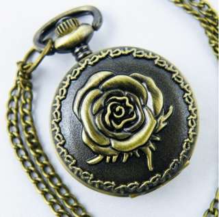 Antique Copper Rose Quartz Pocket Watch Necklace Chain  