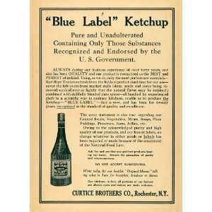  1909 Ad Blue Label Ketchup Bottle Curtice Brothers NY 