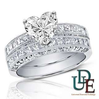 Diamond Bridal Wedding Ring Set 2.00ct total Heart Cut 18K White Gold 