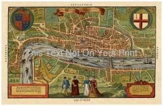 Color Repro Antique Old 1598 Colour Map Print of London  