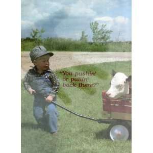 Vintage FARM BOYS PULLING BABY CALF IN A RADIO FLYER TOWN AND COUNTRY 
