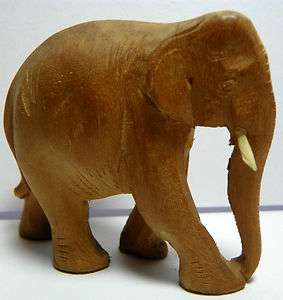 Miniature Hand Carved Wooden Elephant with Ox Bone Tusks  