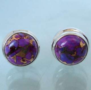 SASSY PURPLE COPPER TURQUOISE ROUND 925 SILVER ARTISAN STUD EARRINGS 