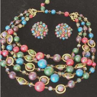 Vintage Multi Strand Iridescent Bead Necklace & Earrings