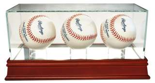 Autographed Triple Baseball Display Case UV Glass Cherry Wood Base 