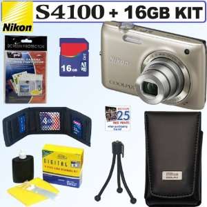   S4100 14 MP Digital Camera (Silver) + Nikon Case + 16GB Accessory Kit