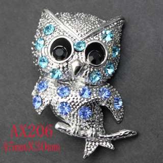 Fancy Blue Rhinestone Crystal Owl Pin Brooch AX206  