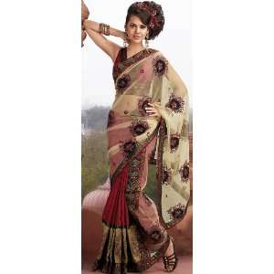   and Crimson Sari with Embroidery, Sequins, Beads and Gota Border   Net