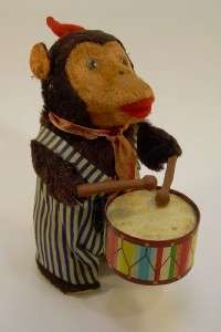 Vintage Monkey Tin Litho Drum Windup Toy c 1940 w/ Box  
