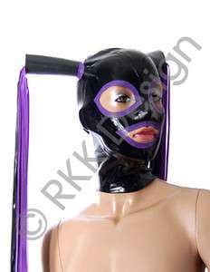 PREMIUM QUALITY   Black & Purple Latex Rubber Hood Mask 2 Pony Tails S 