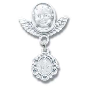 Baby Pin, Angel Wings With Tiny Miraculous St Sterling Silver Saint 