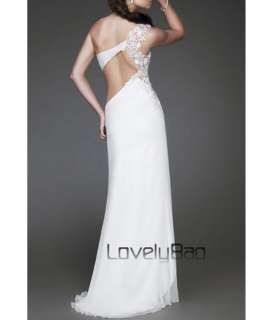 White Chiffon Beach Lace One shoulder Prom Gown Evening Bridal Wedding 