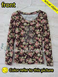   Vintage Floral Print Long Sleeve Cotton Beaded Tops Blouse T shirt