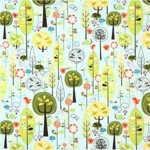 blue Riley Blake fabric forest with birds mushrooms (Sold in multiples 