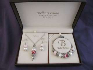Bella Perlina PINK RED Bead Rhinestone Charm Bracelet Necklace Earring 