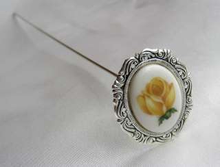 YELLOW ROSE PORCELAIN CAMEO & SILVER FINISH HATPIN  
