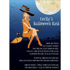  Witch In Flight Brunette Halloween Invitations