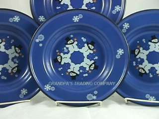 BLUE Enamelware Snowman 8 Salad Plates Snowmen NEW  