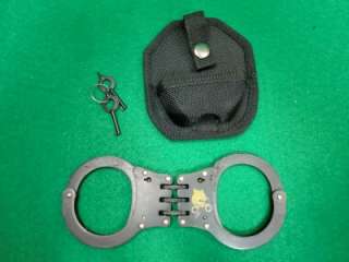 Hinged Black Steel Police Handcuff Hand Cuff Handcuffs 2 Keys  Holster 