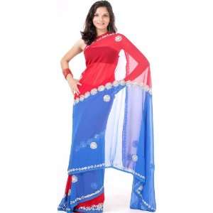  Blue and Red Mumtaz Sari with Sequins and Beads   Georgette 