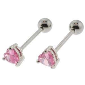 Tongue Barbell with Pink, Heart Shaped CZ, 3 Prong Set, 8mm Gem   14G 