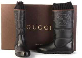 NEW GUCCI SIGNATURE TESSUTO BLACK LEATHER COMFY FLAT WINTER BOOTS 