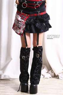 Punk Goth Stretchy Pinstripe Mini Skirt+Frilly Teired Wrap+Leg Warmer 