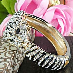Amazing Gold Tiger with Clear Swarovski Crystals Cuff Bangle Bracelet 