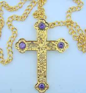 Bishops Pectoral Cross Gold Amethyst Stone & Chain NR  