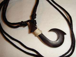Wood Fish Hook Pendant 1 7/8 Necklace black cord adj  
