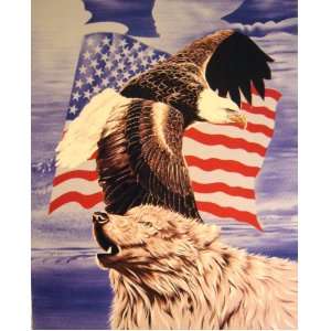 New Queen Size Eagle Wolf Amerian Flag Print Blanket Luxury Mink 