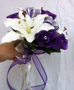   Wedding Bouquet, Lillies & Roses Purple, Royal Blue, Deep Red  