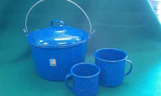 Vintage Blue Enamelware lot of 3 One Pot w/lid, 1 Large Cup, 1 Medium 