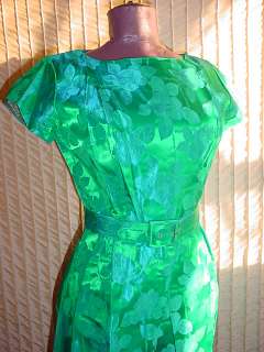 Vintage 1950s Green Blue Brocade Cocktail Dress w Belt sz Small 