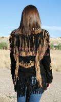 Womens Ladies Western Cowgirl Suede Leather Fringe Show Jacket   Black 