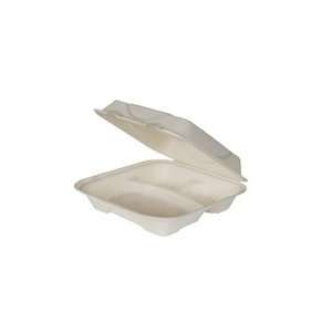  Compostable Sugarcane PLA Lined 3 Compt. Clamshells, 9x9x3 