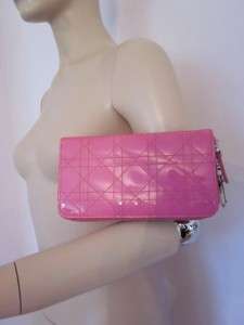 Christian Dior Hot Pink Cannage Quilted Patent Leather Zip Around 