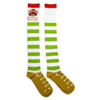 This is a pair of striped knee high socks with a bright and colorful 