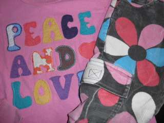 MINI BODEN Pink PEACE & LOVE Applique Top & Brown Flower Cord Pants 