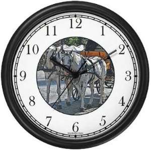 Two White Stippled Horses in Harnesses Pulling Wagon (JP6) Wall Clock 