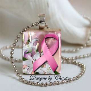 Breast Cancer Awareness Pink Ribbon Scrabble Charm Pendant Necklace 