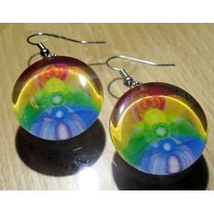  Round Rainbow Chakra Glass Tile Dangle Fashion Earrings 