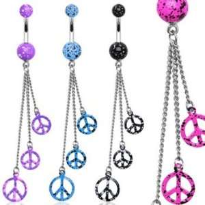 Splatter belly ring with dangling splattered peace signs, blue