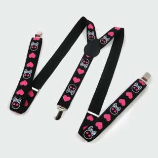 Clip on Elastic Y back Suspenders Skull And Heart Style  