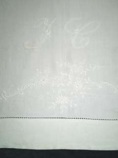 FRENCH Embroidered Antique White LINEN SHEET W MONOGRAM  