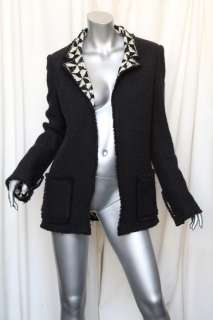 CHANEL Black Tweed+Fringe Trim Blazer Jacket Coat +Graphic Pyramid 